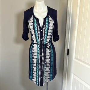 Anthropologie Tiny Nadia Shift Dress Embroidered Split Neck Blue Green Sz S NEW